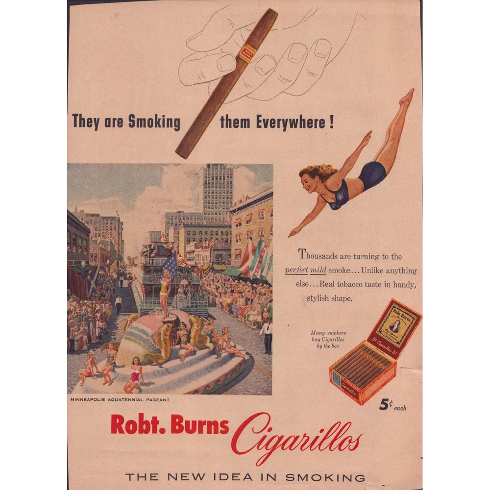Vintage Robt. Burns Cigarillos Minneapolis Aquatennial Pageant Print Ad 12x9